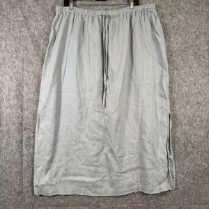 Vintage Linen Midi Skirt Size 2X Blue Beach Cottagecore 90s Pull On Side Slits